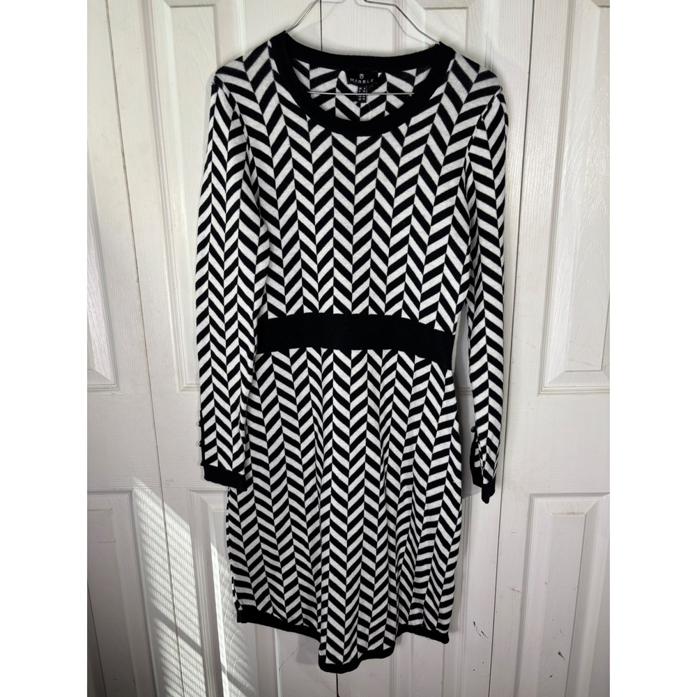 Marble XS Black White Chevron Cotton Sweater Dress Long Sleeve Knit‎ NWT